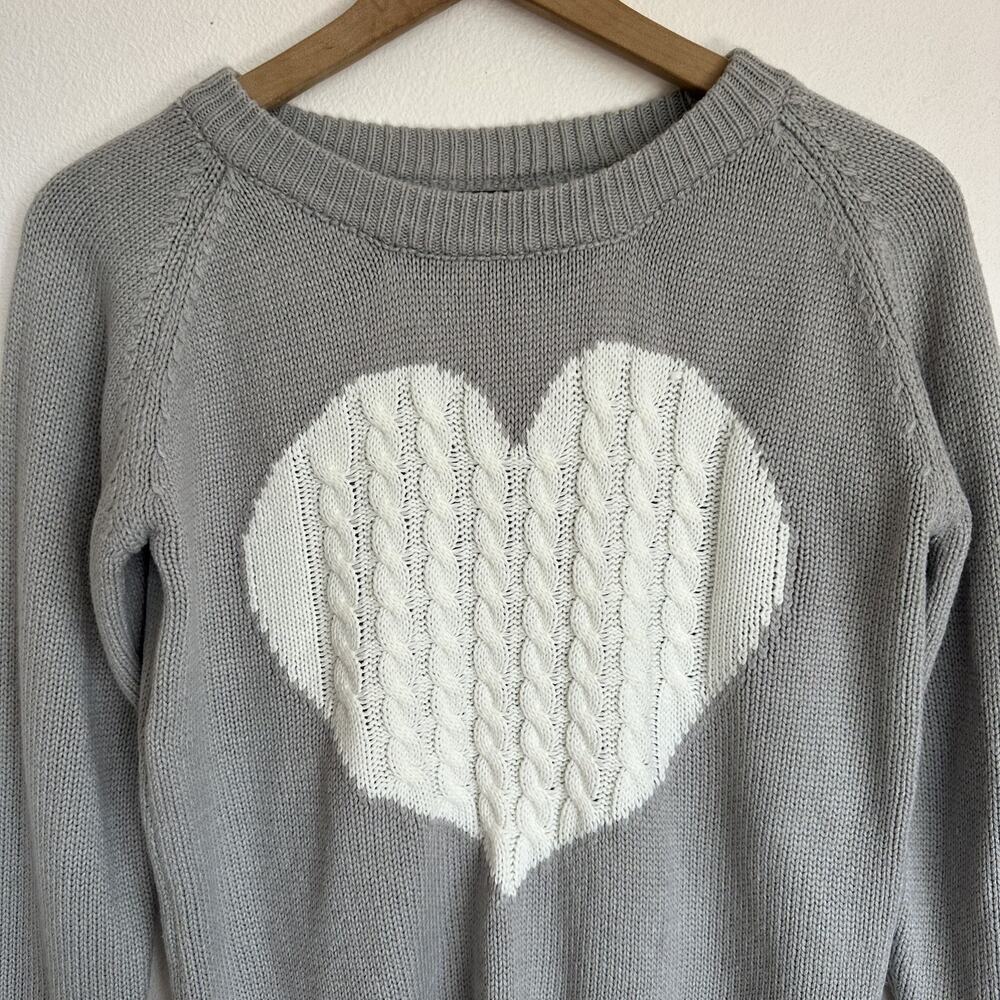 Cable Knit White Heart Grey Sweater Sz S Cozy Classic Winter Fisherman Coastal - Picture 2 of 10